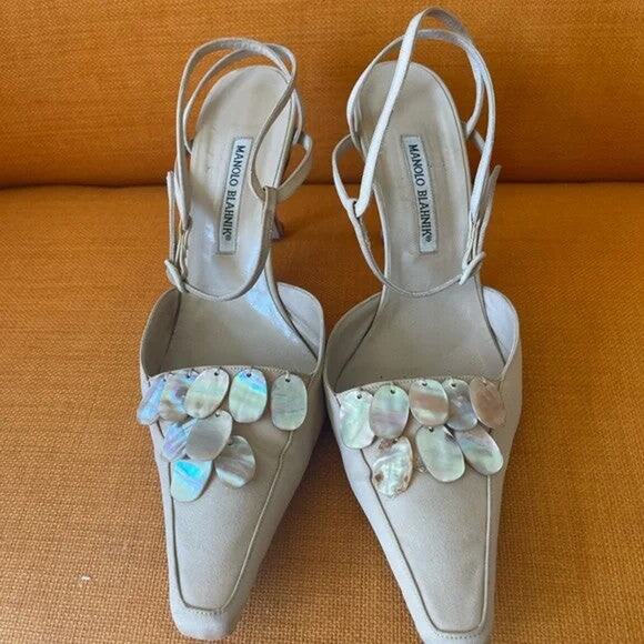 MANOLO BLAHNIK Satin Pointy Toe Slingback Heels Pump W Mother Of Pearl-38.5 Nude - Picture 3 of 4